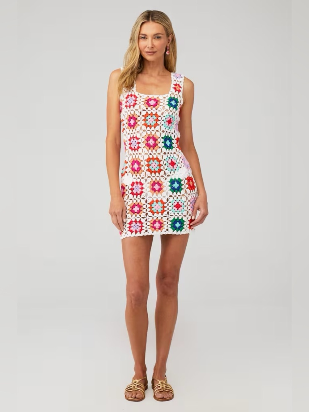 Beach Riot James Crochet Dress with Multicolor Floral Squares - S